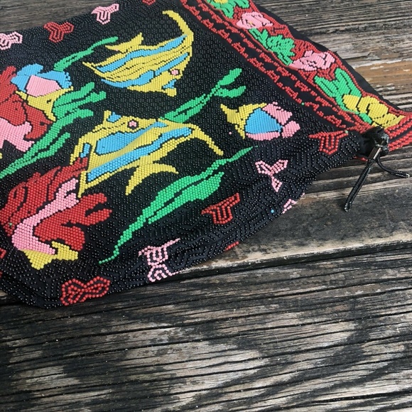 Corde Beaded Bag Drawstring Satchel Fish Ocean Black Green Yellow Vintage 80s - Picture 8 of 8